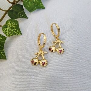 Gold Cherry Dangle Huggie Hoop Earrings